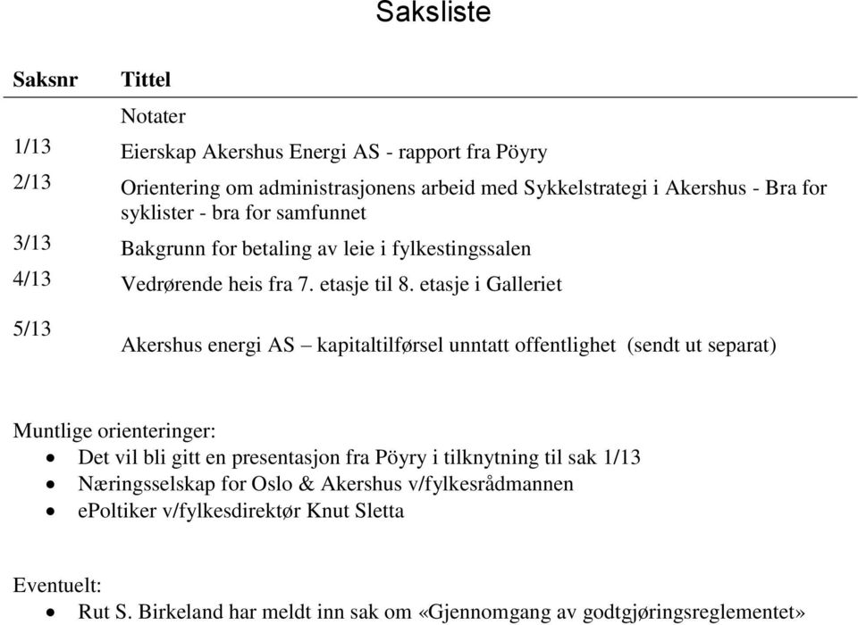 etasje i Galleriet 5/13 Akershus energi AS kapitaltilførsel unntatt offentlighet (sendt ut separat) Muntlige orienteringer: Det vil bli gitt en presentasjon fra Pöyry