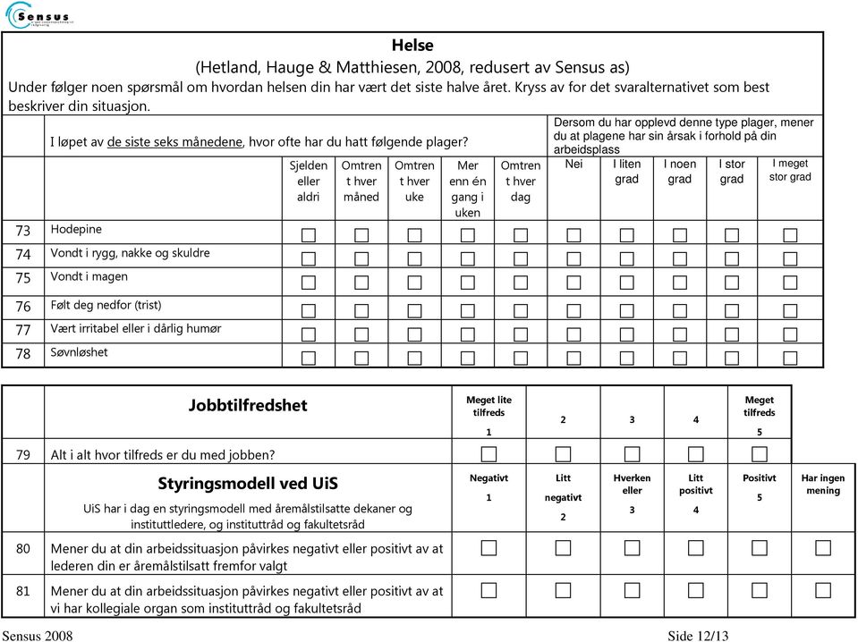 73 Hodepine 74 Vondt i rygg, nakke og skuldre 75 Vondt i magen 76 Følt deg nedfor (trist) 77 Vært irritabel eller i dårlig humør 78 Søvnløshet Sjelden eller aldri Omtren t hver måned Omtren t hver