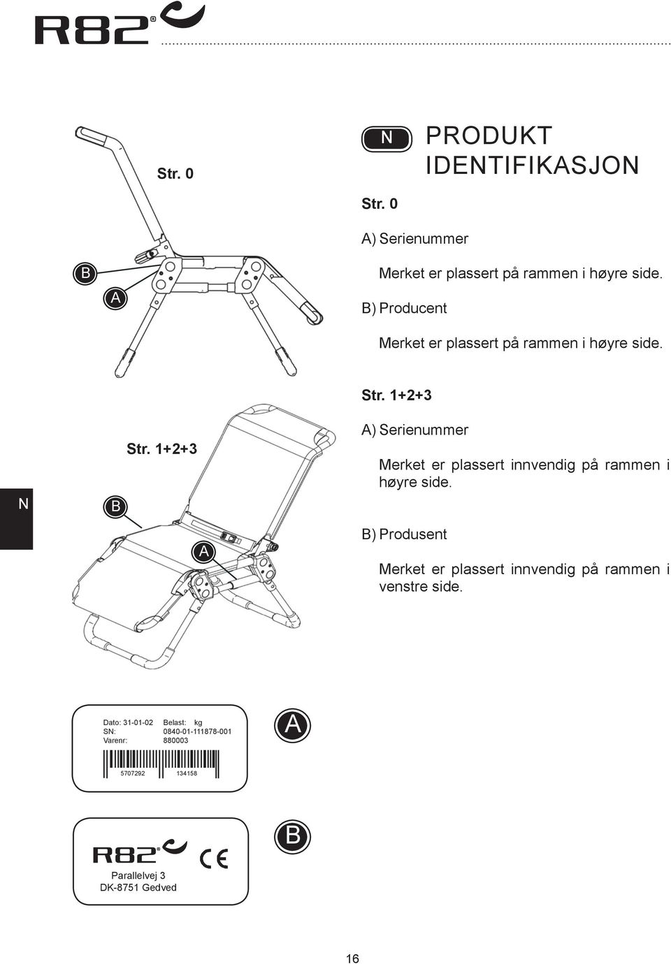 1+2+3 ) Serienummer Merket er plassert innvendig på rammen i høyre side.