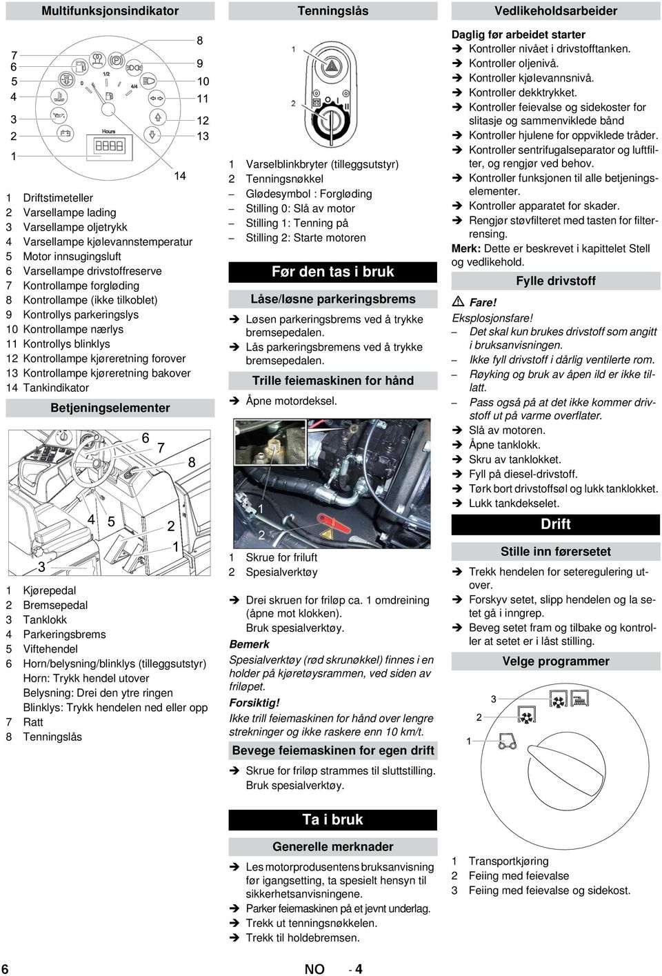 Tankindikator Betjeningselementer 1 Kjørepedal 2 Bremsepedal 3 Tanklokk 4 Parkeringsbrems 5 Viftehendel 6 Horn/belysning/blinklys (tilleggsutstyr) Horn: Trykk hendel utover Belysning: Drei den ytre