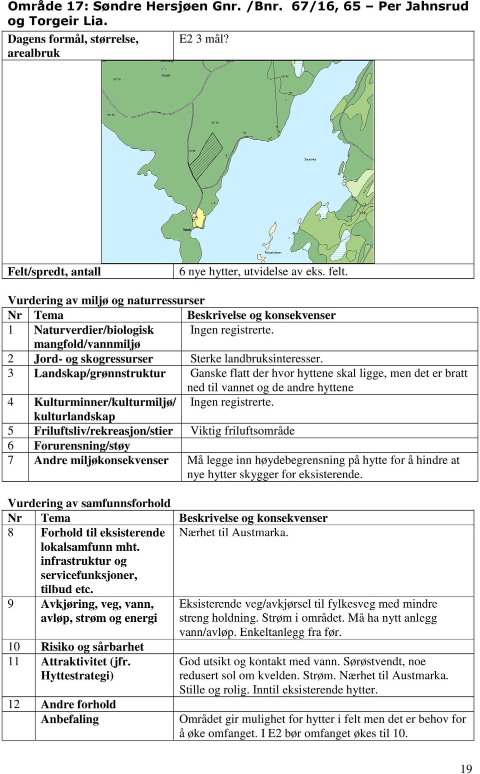 3 Landskap/grønnstruktur Ganske flatt der hvor hyttene skal ligge, men det er bratt ned til vannet og de andre hyttene 5 Friluftsliv/rekreasjon/stier Viktig friluftsområde 6 Forurensning/støy Må