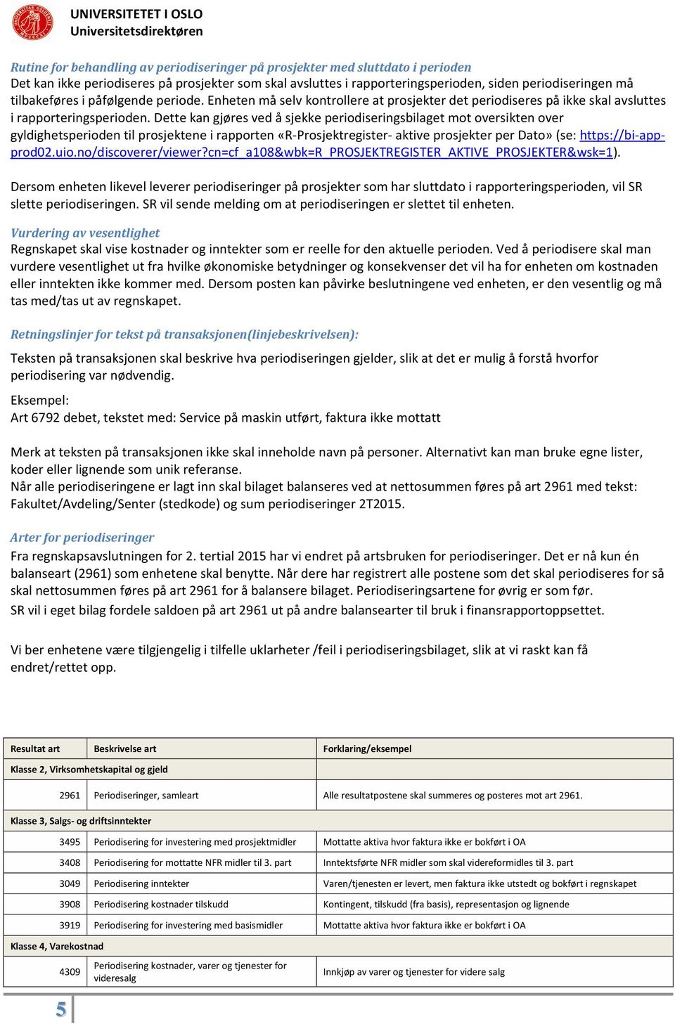 Dette kan gjøres ved å sjekke periodiseringsbilaget mot oversikten over gyldighetsperioden til prosjektene i rapporten «R-Prosjektregister- aktive prosjekter per Dato» (se: https://bi-appprod02.uio.