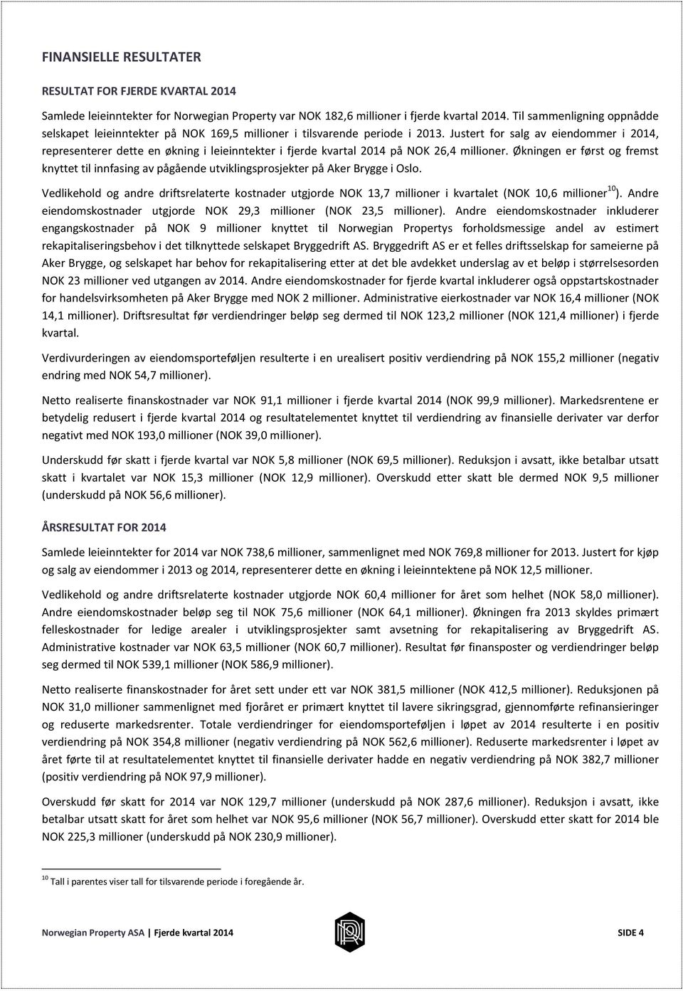 Justert for salg av eiendommer i 2014, representerer dette en økning i leieinntekter i fjerde kvartal 2014 på NOK 26,4 millioner.