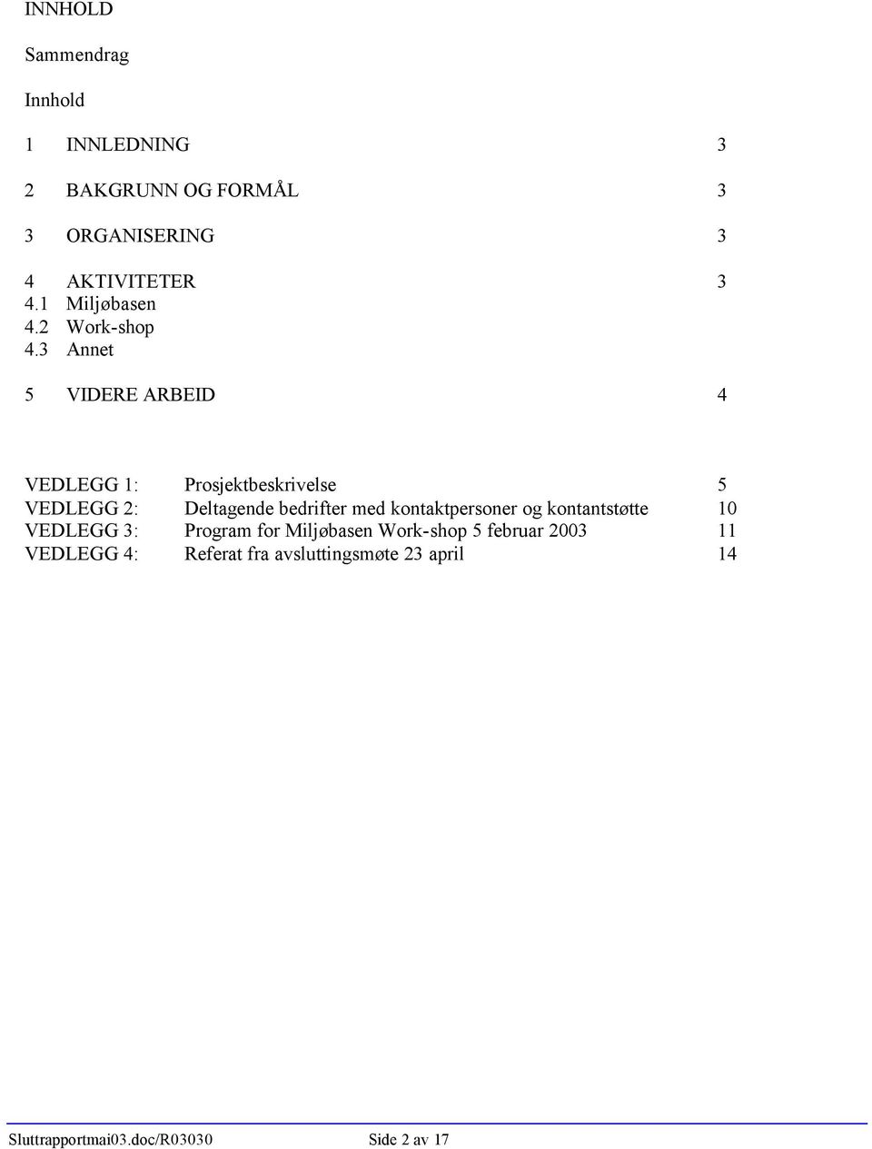 3 Annet 5 VIDERE ARBEID 4 VEDLEGG 1: Prosjektbeskrivelse 5 VEDLEGG 2: Deltagende bedrifter med