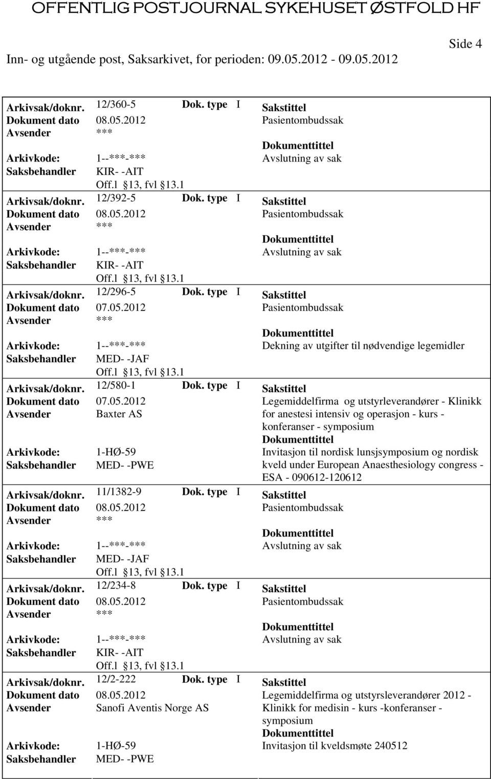 type I Sakstittel Legemiddelfirma og utstyrleverandører - Klinikk Avsender Baxter AS for anestesi intensiv og operasjon - kurs - konferanser - symposium Arkivkode: 1-HØ-59 Invitasjon til nordisk