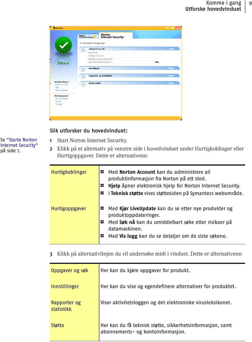 Dette er alternativene: Hurtigkoblinger 1 Med Norton Account kan du administrere all produktinformasjon fra Norton på ett sted. 1 Hjelp åpner elektronisk hjelp for Norton Internet Security.