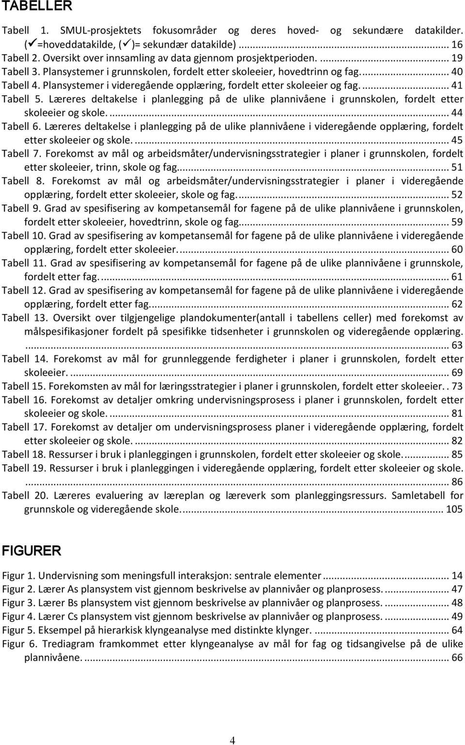 Plansystemer i videregående opplæring, fordelt etter skoleeier og fag.... 41 Tabell 5. Læreres deltakelse i planlegging på de ulike plannivåene i grunnskolen, fordelt etter skoleeier og skole.