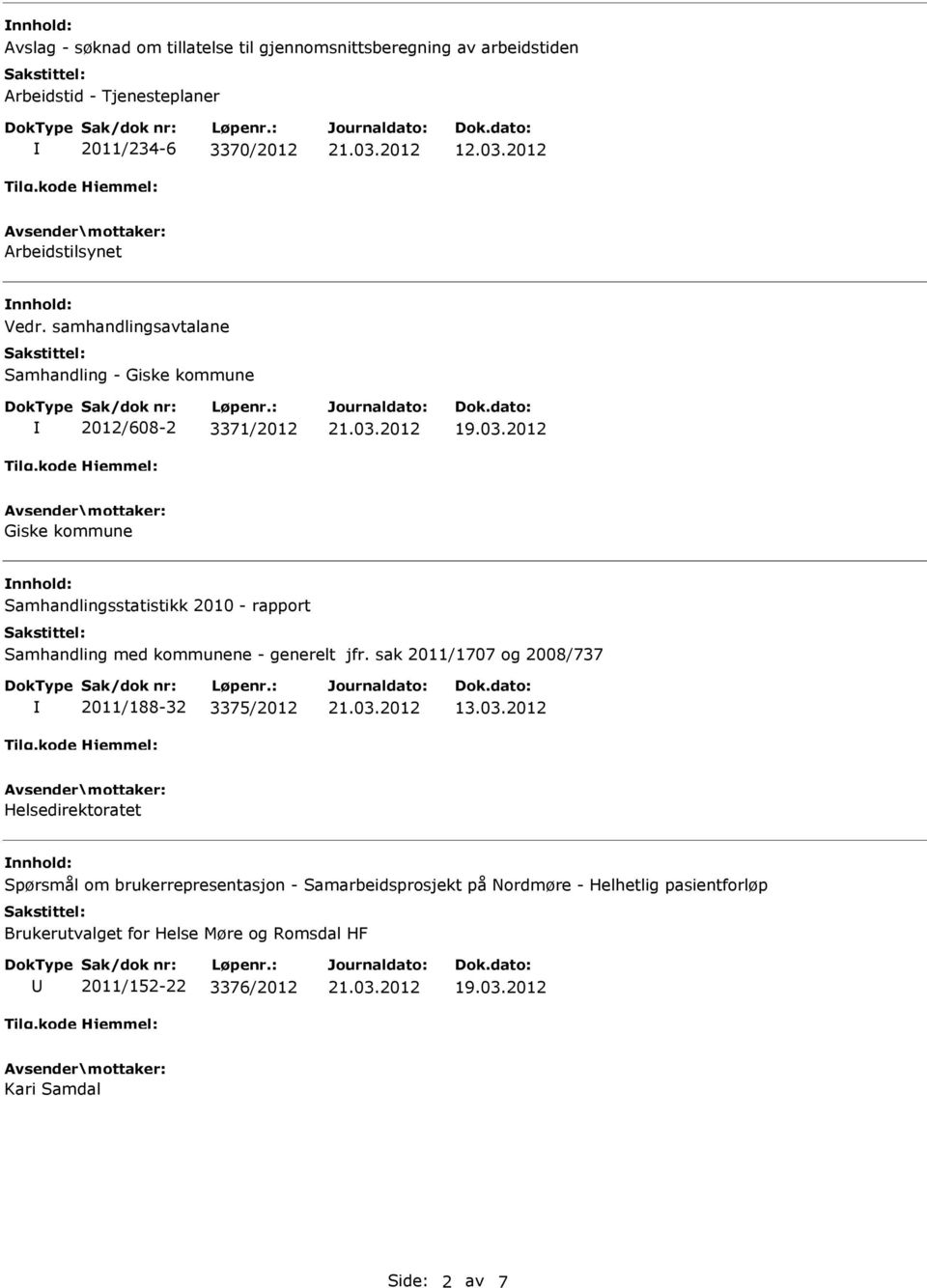 samhandlingsavtalane Samhandling - Giske kommune 2012/608-2 3371/2012 Giske kommune Samhandlingsstatistikk 2010 - rapport Samhandling med