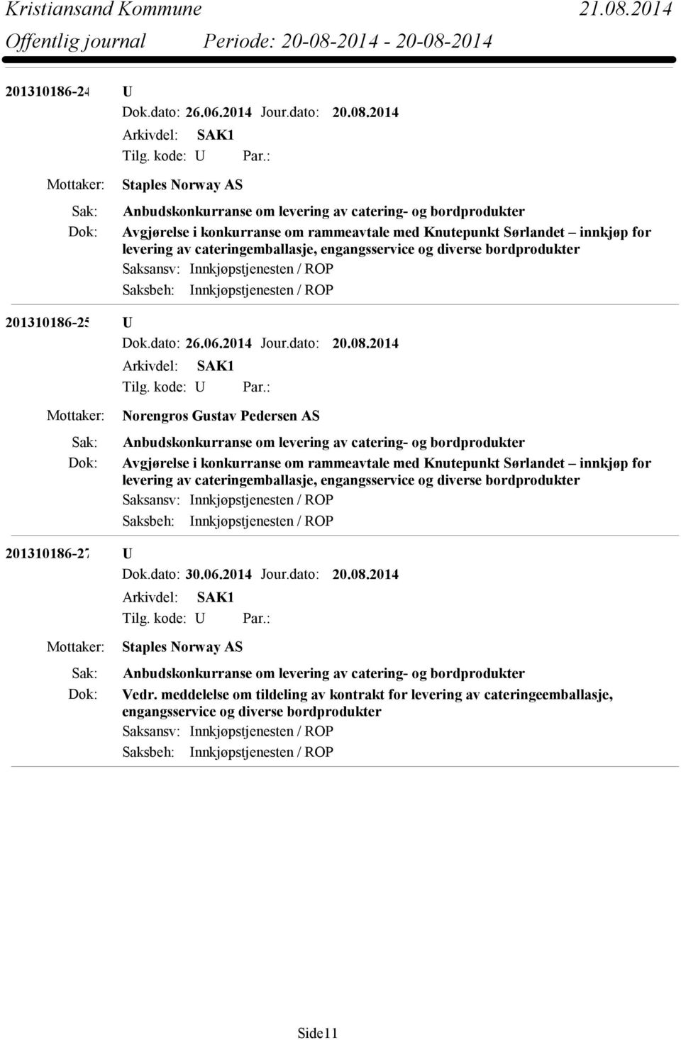 engangsservice og diverse bordprodukter Saksansv: Innkjøpstjenesten / ROP Saksbeh: Innkjøpstjenesten / ROP 201310186-25 U Dok.dato: 26.06.2014 Jour.dato: 20.08.2014 Tilg. kode: U Par.