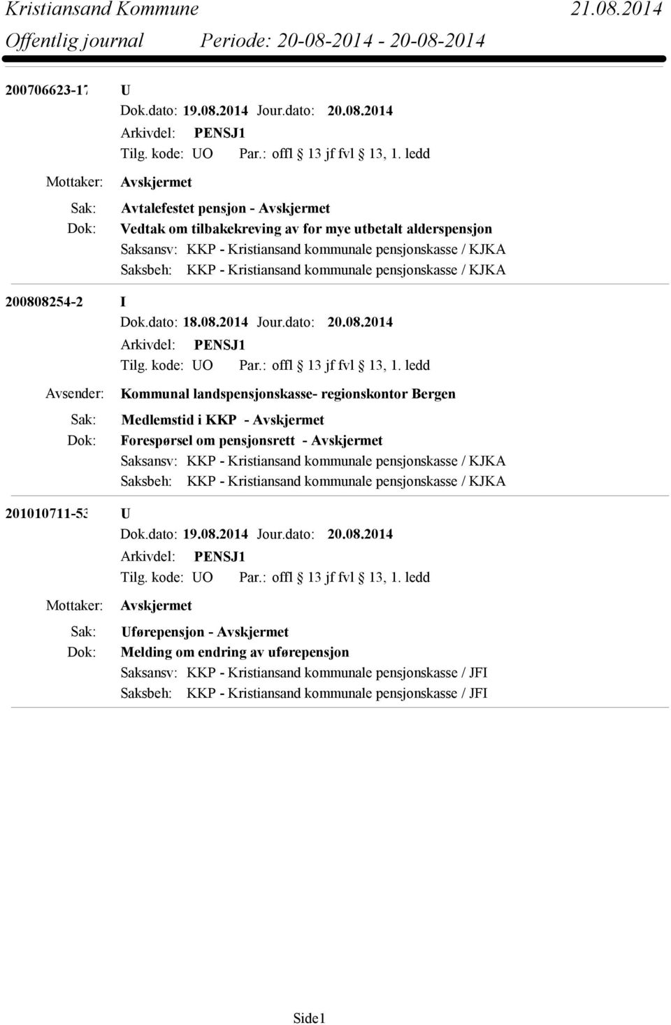 / KJKA 200808254-2 I Dok.dato: 18.08.2014 Jour.dato: 20.08.2014 Arkivdel: PENSJ1 Tilg. kode: UO Par.: offl 13 jf fvl 13, 1.