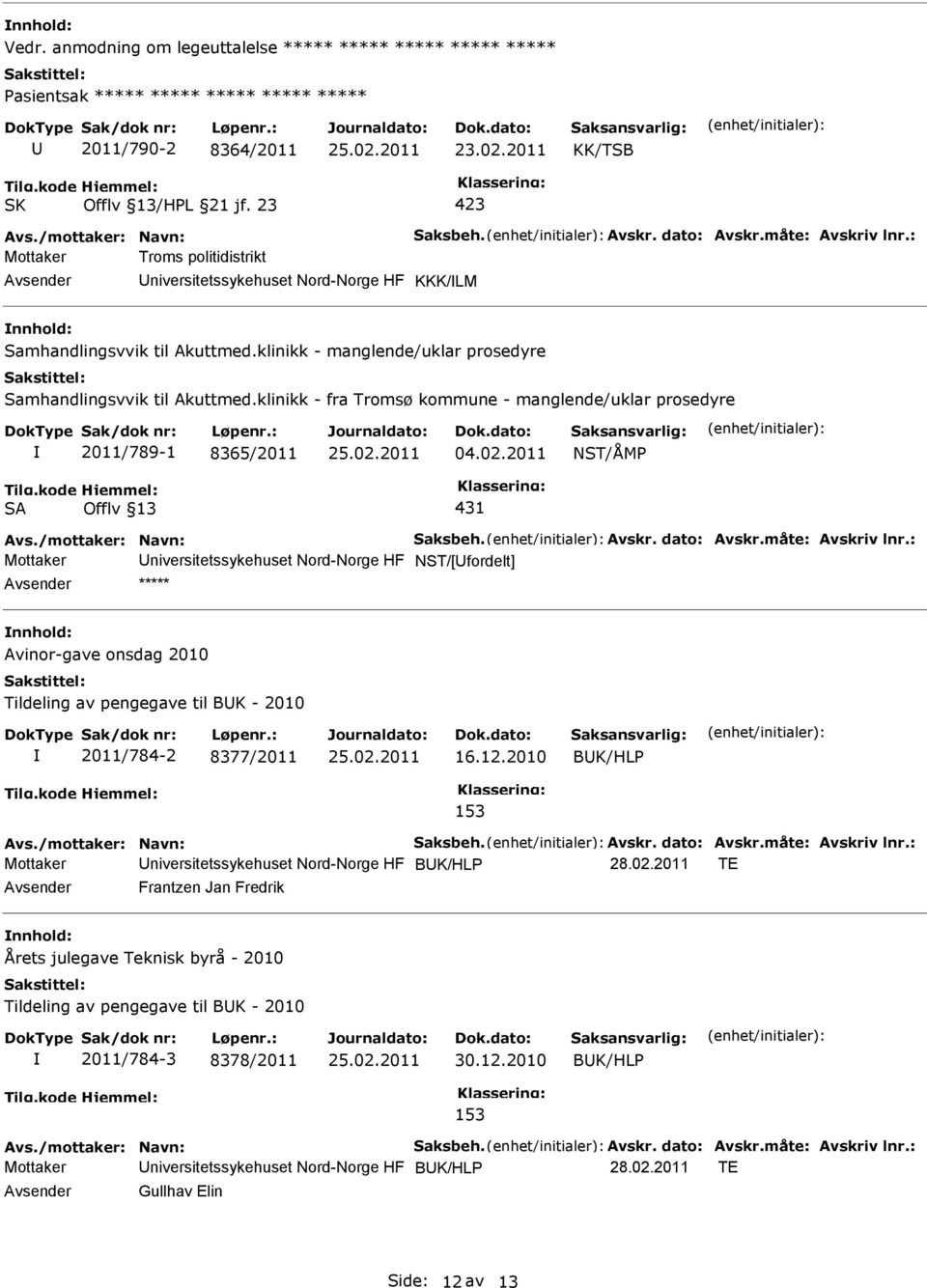 klinikk - fra Tromsø kommune - manglende/uklar prosedyre 2011/789-1 8365/2011 04.02.2011 NST/ÅM SA Offlv 13 431 Avs./mottaker: Navn: Saksbeh. Avskr. dato: Avskr.måte: Avskriv lnr.