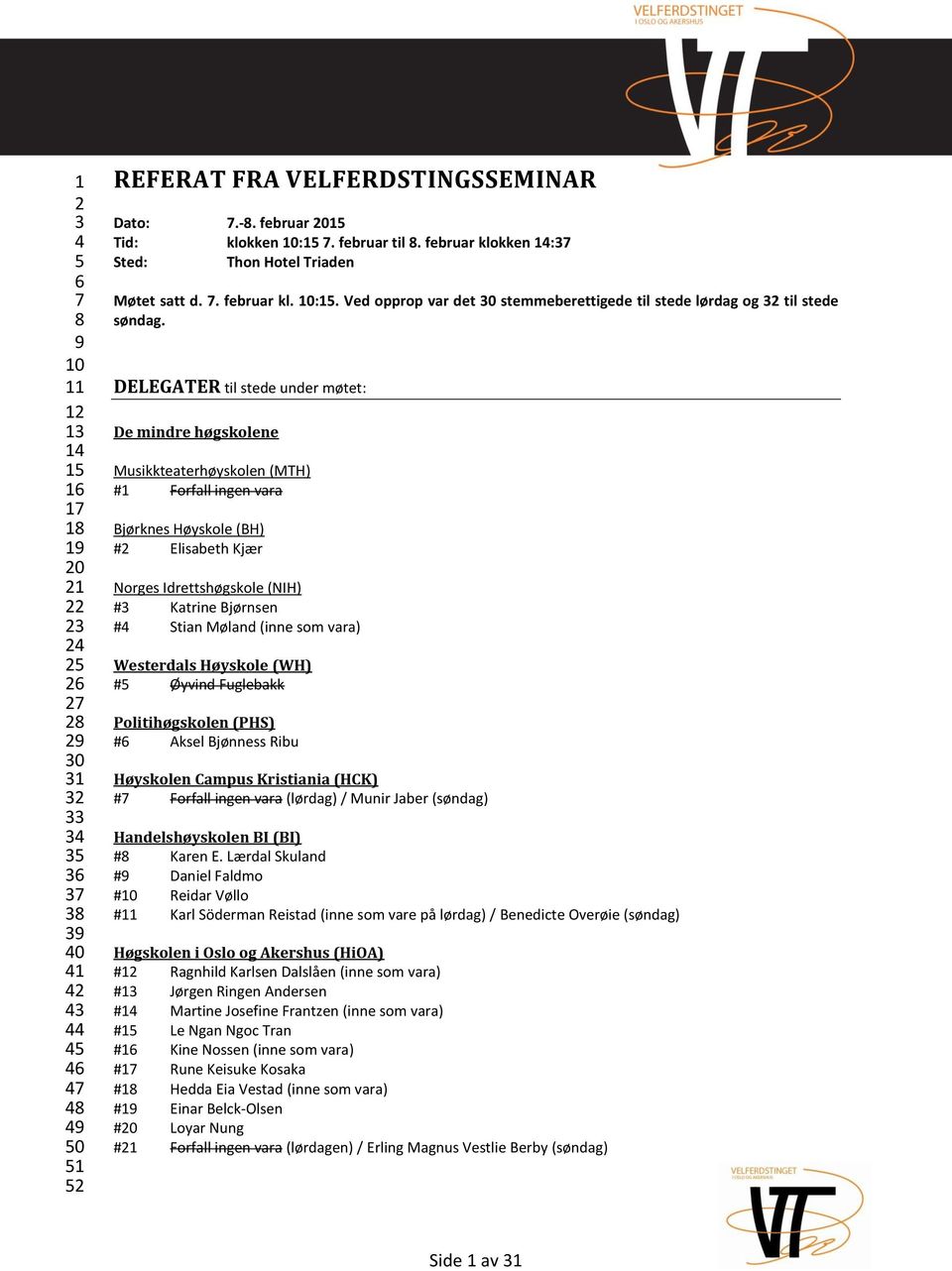 DELEGATER til stede under møtet: De mindre høgskolene Musikkteaterhøyskolen (MTH) #1 Forfall ingen vara Bjørknes Høyskole (BH) #2 Elisabeth Kjær Norges Idrettshøgskole (NIH) #3 Katrine Bjørnsen #4