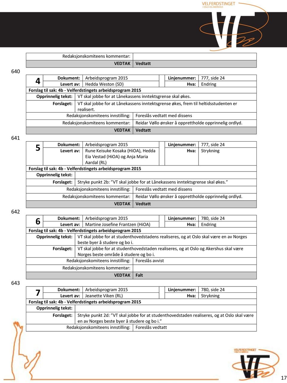 Dokument: Arbeidsprogram 2015 Linjenummer: 777, side 24 Levert av: Rune Keisuke Kosaka (HiOA), Hedda Hva: Strykning Eia Vestad (HiOA) og Anja Maria Aardal (RL) 6 Stryke punkt 2b: VT skal jobbe for at