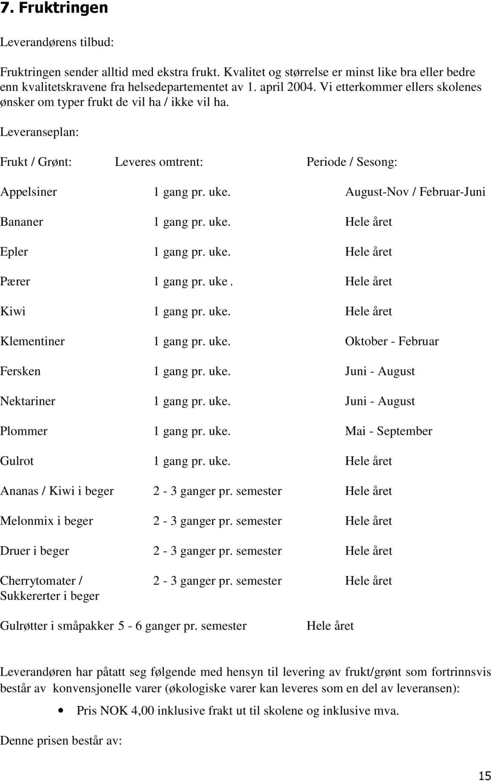 August-Nov / Februar-Juni Bananer 1 gang pr. uke. Hele året Epler 1 gang pr. uke. Hele året Pærer 1 gang pr. uke. Hele året Kiwi 1 gang pr. uke. Hele året Klementiner 1 gang pr. uke. Oktober - Februar Fersken 1 gang pr.