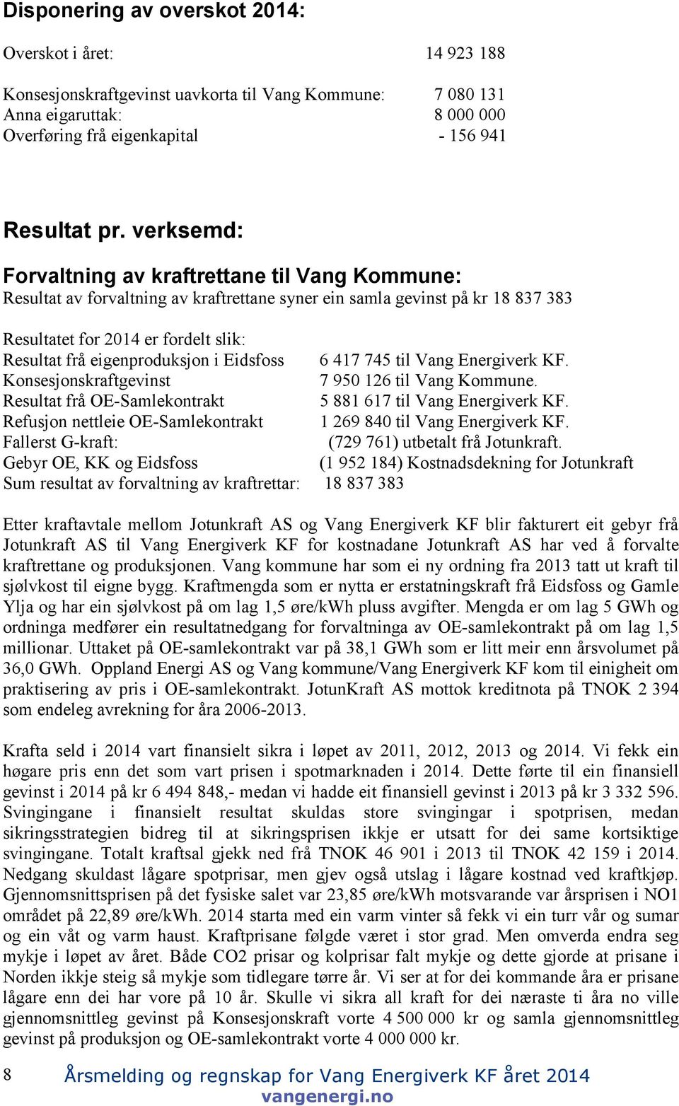 eigenproduksjon i Eidsfoss 6 417 745 til Vang Energiverk KF. Konsesjonskraftgevinst 7 950 126 til Vang Kommune. Resultat frå OE-Samlekontrakt 5 881 617 til Vang Energiverk KF.