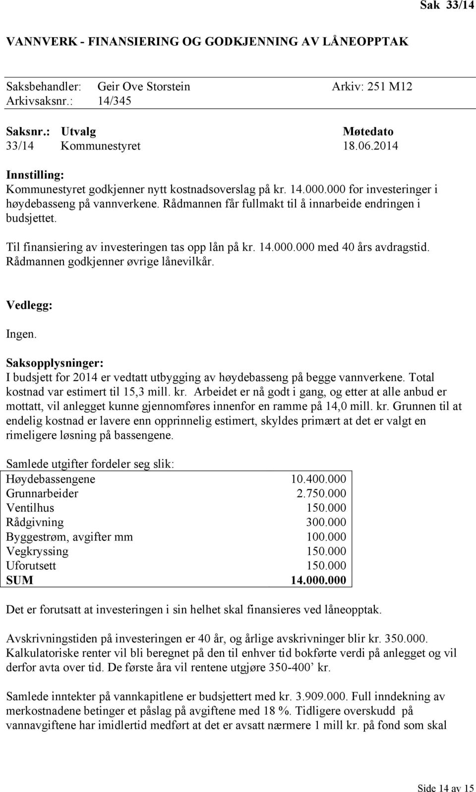 Til finansiering av investeringen tas opp lån på kr. 14.000.000 med 40 års avdragstid. Rådmannen godkjenner øvrige lånevilkår. Vedlegg: Ingen.