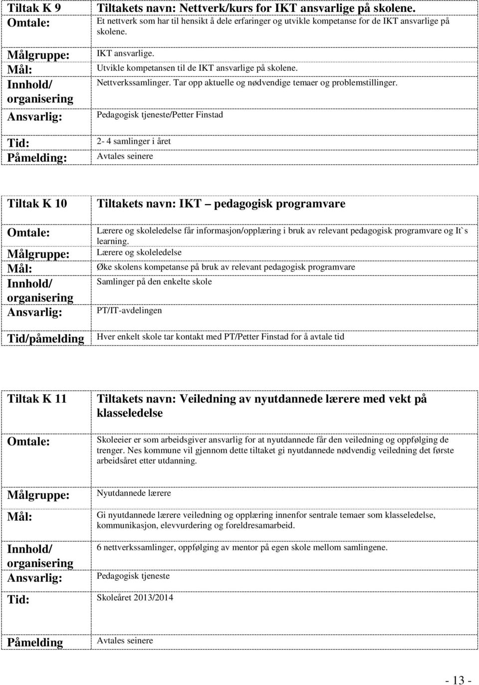 Pedagogisk tjeneste/petter Finstad 2-4 samlinger i året Avtales seinere Tiltak K 10 Tid/påmelding Tiltakets navn: IKT pedagogisk programvare Lærere og skoleledelse får informasjon/opplæring i bruk av