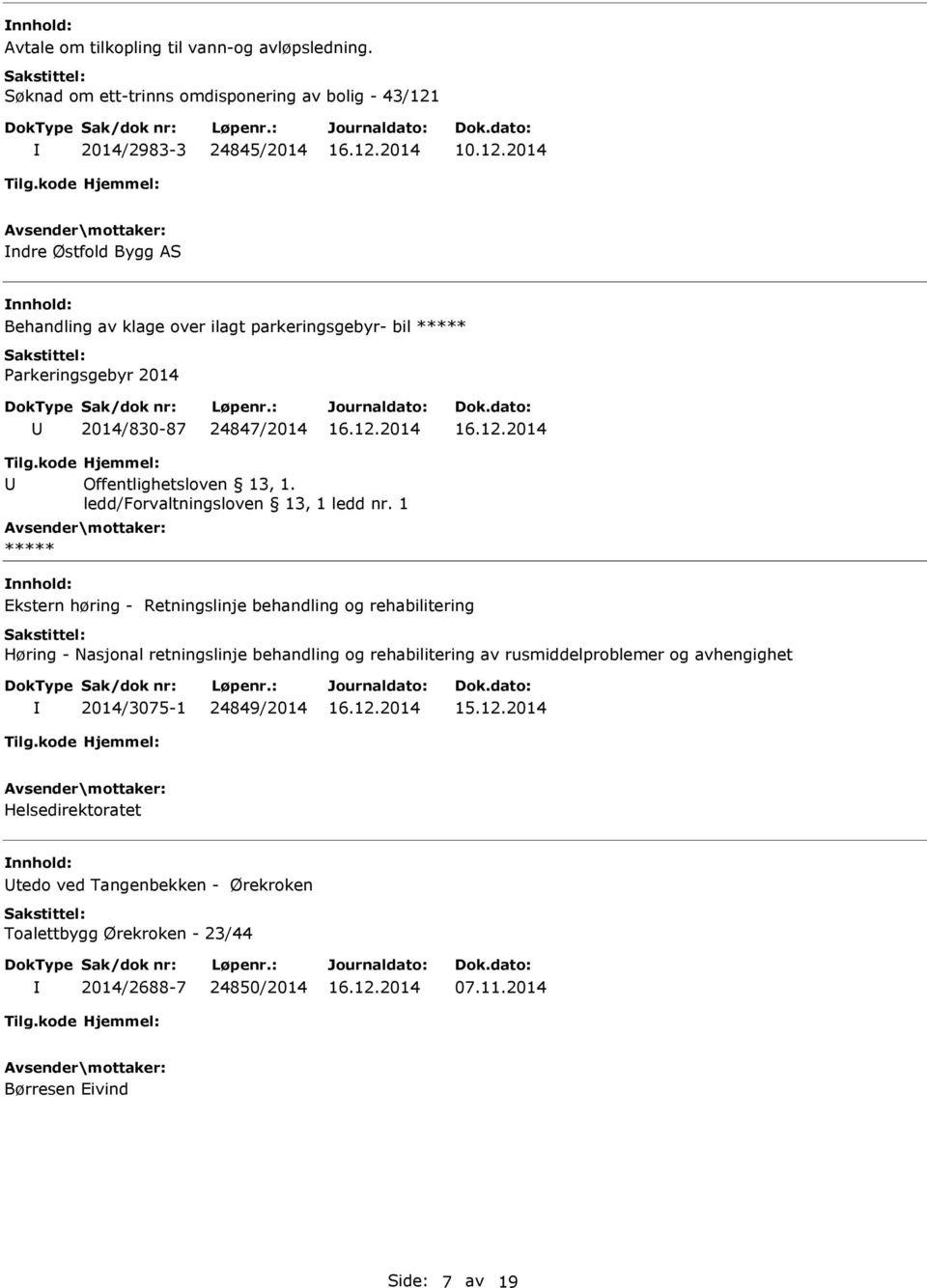 2014 ndre Østfold Bygg AS Behandling av klage over ilagt parkeringsgebyr- bil Parkeringsgebyr 2014 2014/830-87 24847/2014 Offentlighetsloven 13, 1.