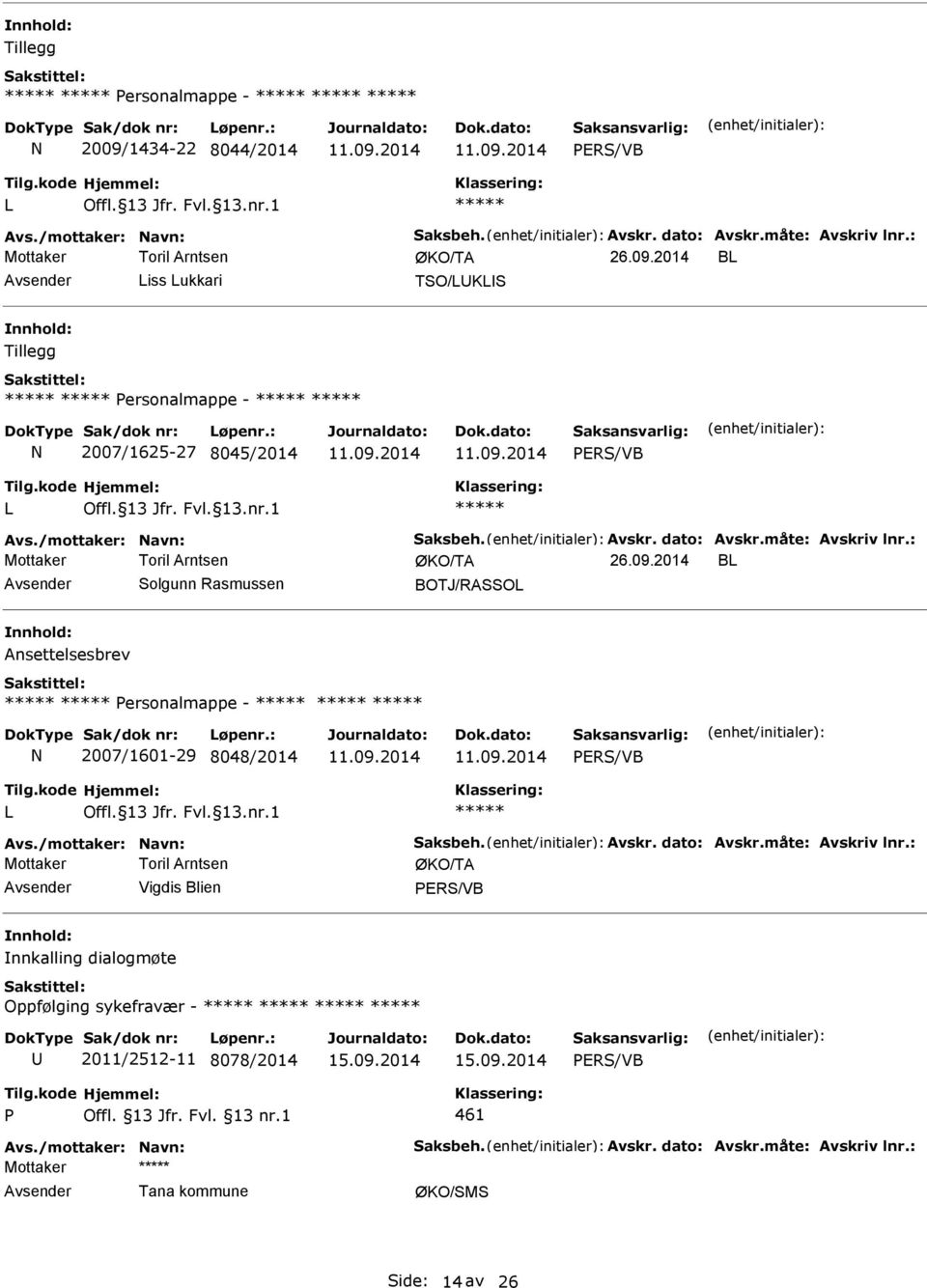 2014 B Avsender iss ukkari TSO/UKIS Tillegg Personalmappe - 2007/1625-27 8045/2014 26.09.