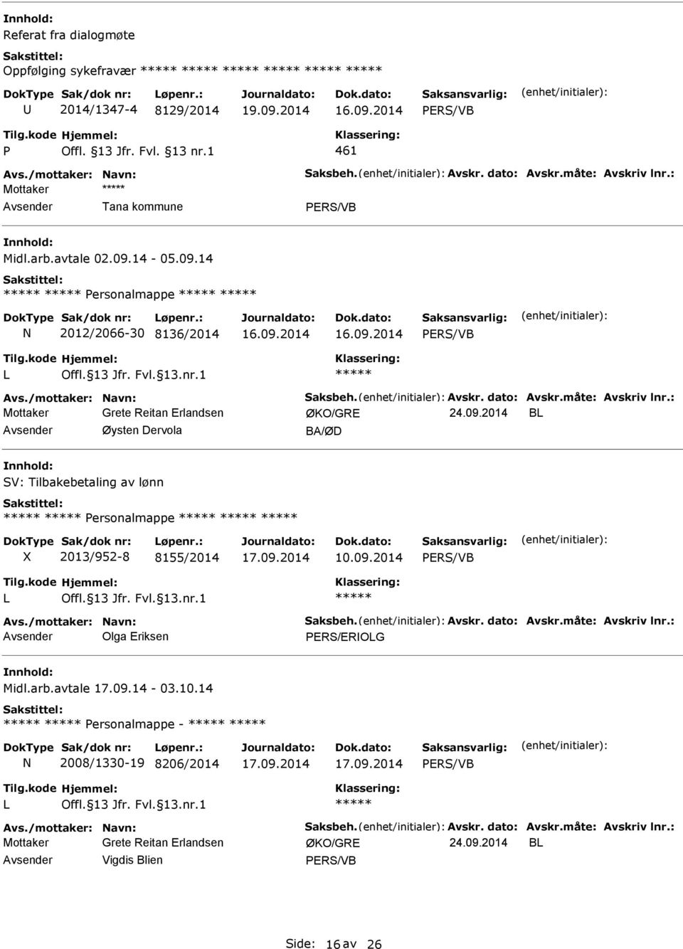 09.2014 B Avsender Øysten Dervola BA/ØD SV: Tilbakebetaling av lønn Personalmappe X 2013/952-8 8155/2014 17.09.2014 Avsender Olga Eriksen PERS/ERIOG Midl.