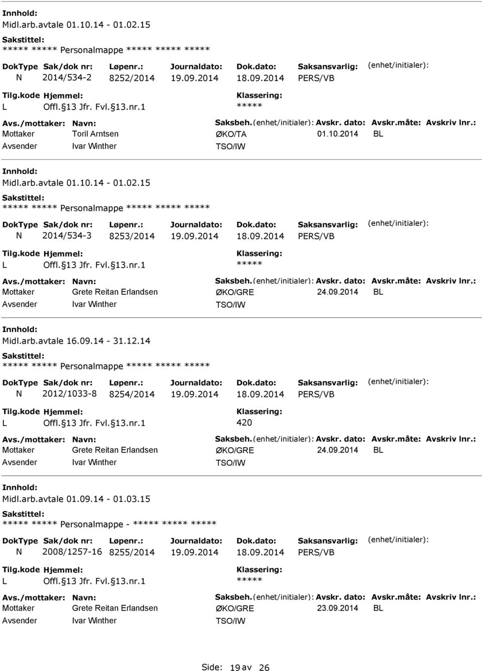 09.14-31.12.14 Personalmappe 2012/1033-8 8254/2014 19.09.2014 420 24.09.2014 B Avsender Ivar Winther TSO/IW Midl.arb.avtale 01.