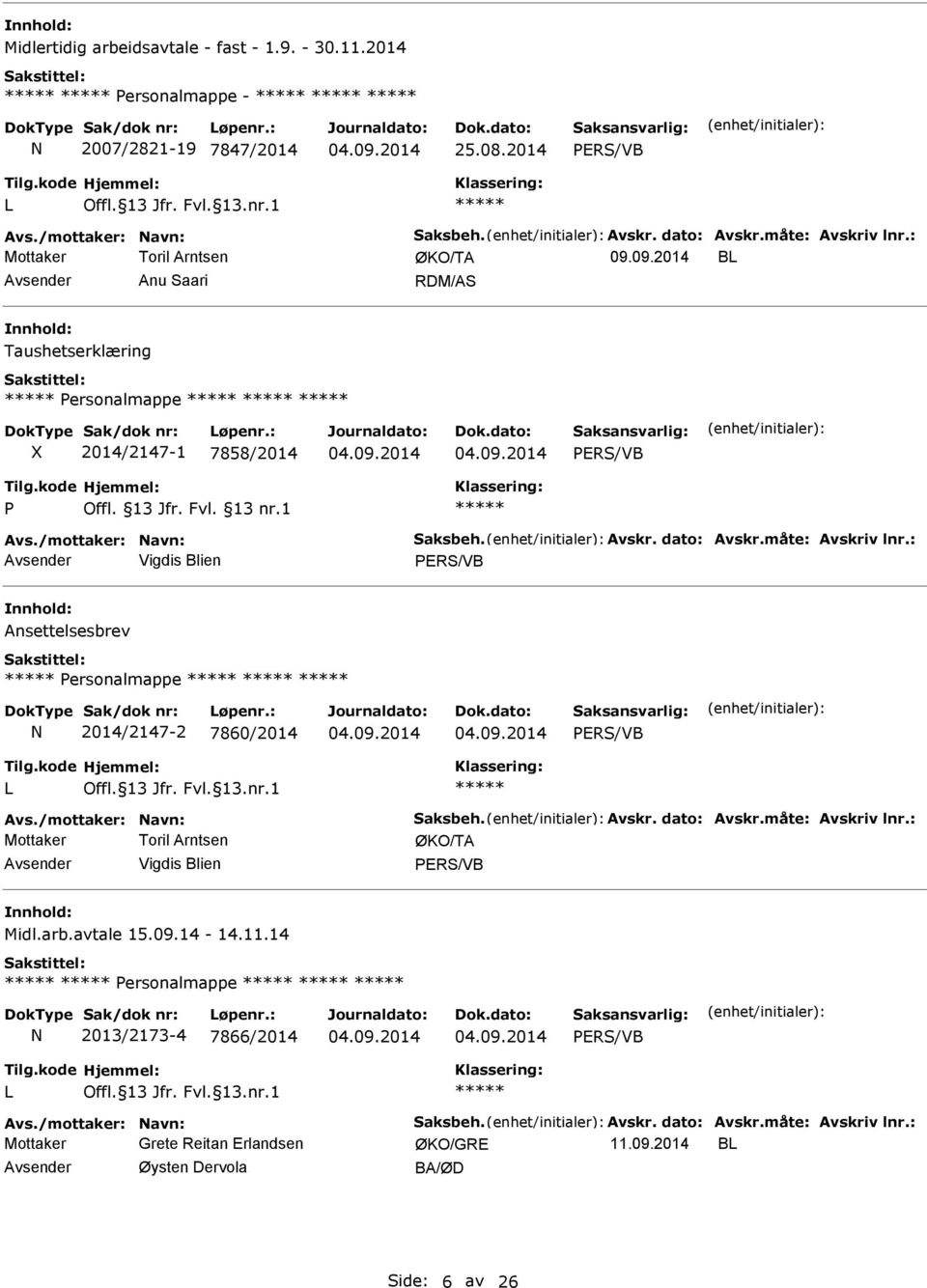 13 Jfr. Fvl. 13 nr.1 Ansettelsesbrev Personalmappe 2014/2147-2 7860/2014 04.09.2014 04.09.2014 Midl.arb.avtale 15.09.14-14.