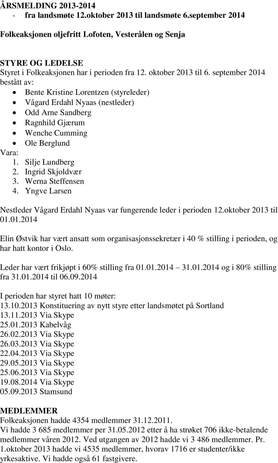 Silje Lundberg 2. Ingrid Skjoldvær 3. Werna Steffensen 4. Yngve Larsen Nestleder Vågard Erdahl Nyaas var fungerende leder i perioden 12.oktober 2013