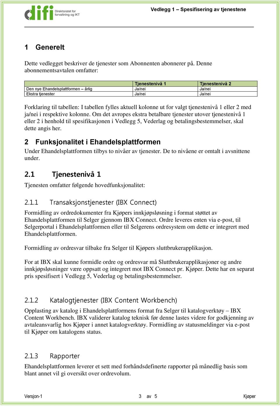 kolonne ut for valgt tjenestenivå 1 eller 2 med ja/nei i respektive kolonne.