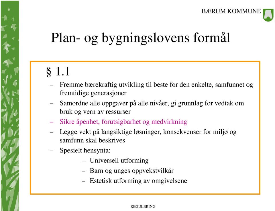 oppgaver på alle nivåer, gi grunnlag for vedtak om bruk og vern av ressurser Sikre åpenhet, forutsigbarhet og