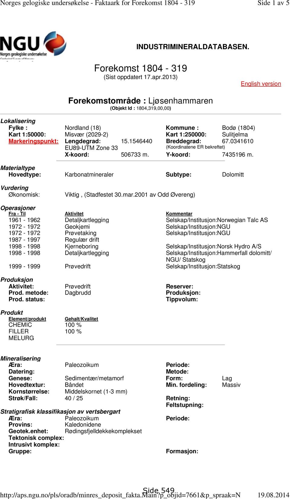 2013) English version Forekomstområde : Ljøsenhammaren (Objekt Id : 1804,319,00,00) Lokalisering Fylke : Nordland (18) Kommune : Bodø (1804) Kart 1:50000: Misvær (2029-2) Kart 1:250000: Sulitjelma
