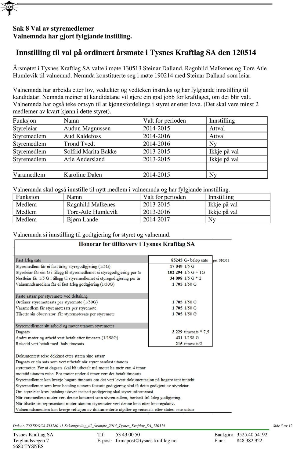 Nemnda konstituerte seg i møte 190214 med Steinar Dalland som leiar. Valnemnda har arbeida etter lov, vedtekter og vedteken instruks og har fylgjande innstilling til kandidatar.