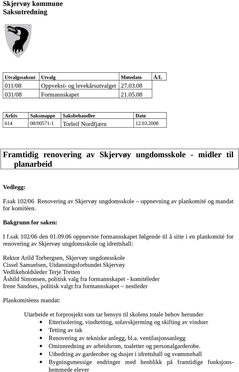 sak 102/06 Renovering av Skjervøy ungdomsskole oppnevning av plankomité og mandat for komitéen. Bakgrunn for saken: I f.sak 102/06 den 01.09.