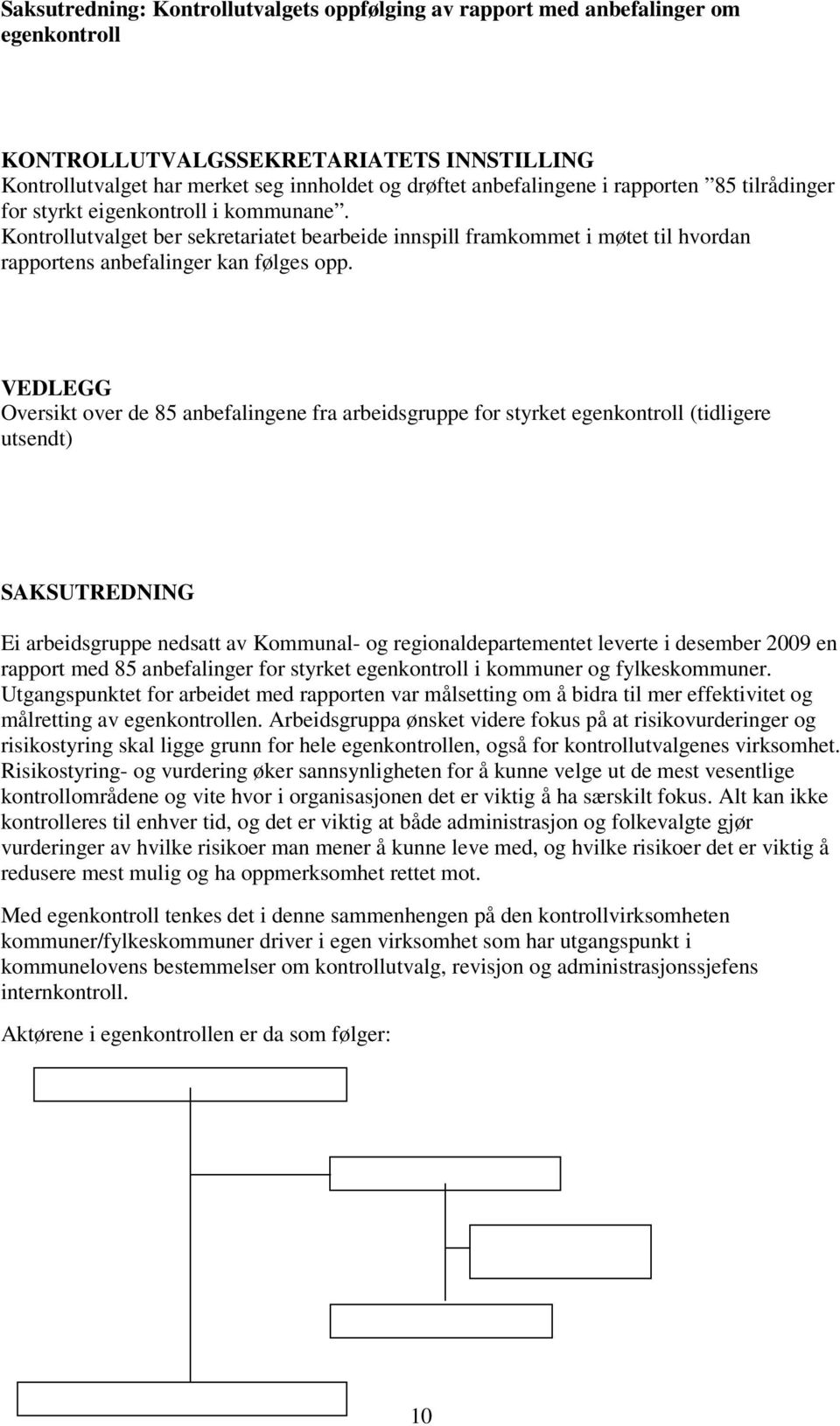 VEDLEGG Oversikt over de 85 anbefalingene fra arbeidsgruppe for styrket egenkontroll (tidligere utsendt) SAKSUTREDNING Ei arbeidsgruppe nedsatt av Kommunal- og regionaldepartementet leverte i