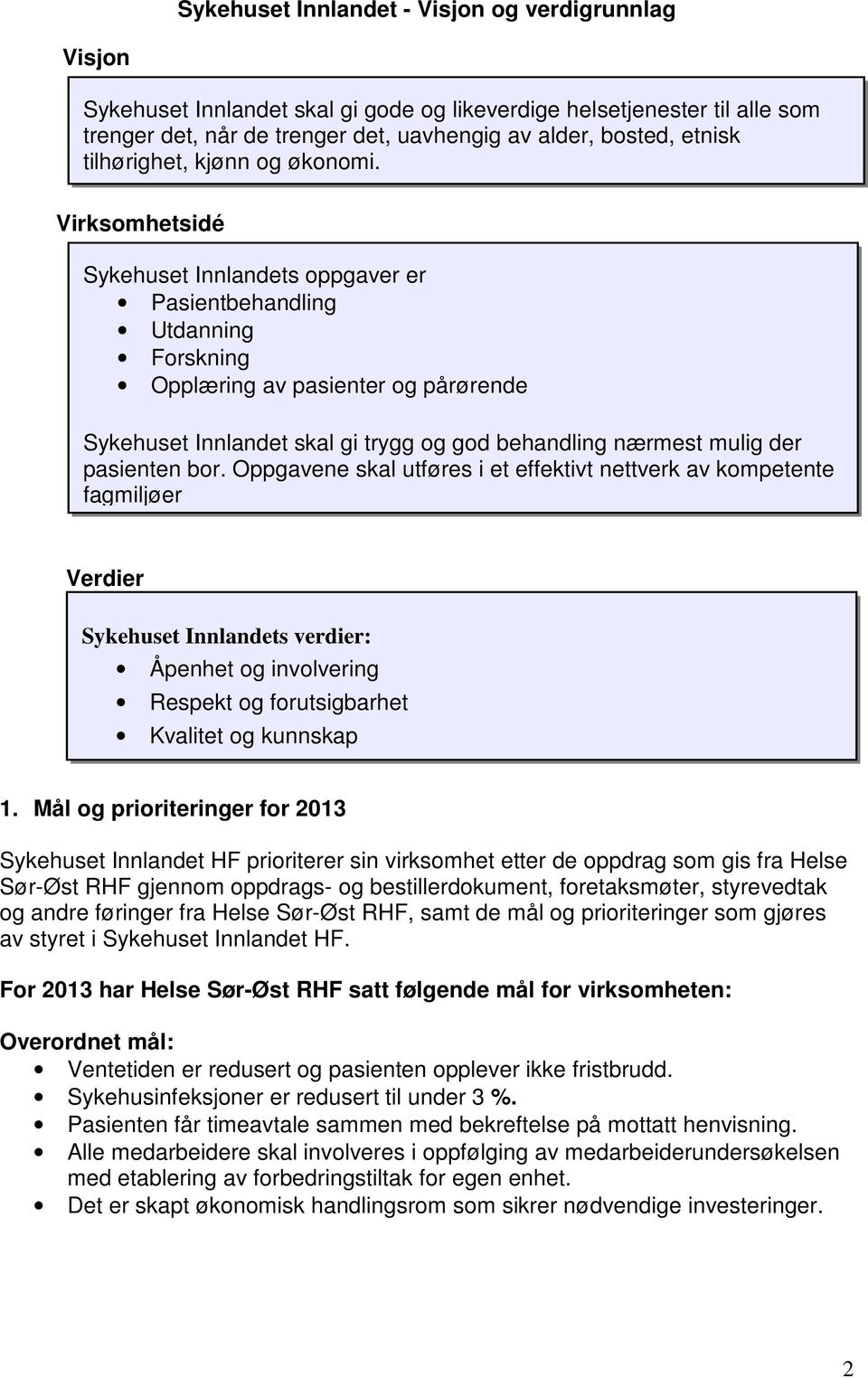 Virksomhetsidé Sykehuset Innlandets oppgaver er Pasientbehandling Utdanning Forskning Opplæring av pasienter og pårørende Sykehuset Innlandet skal gi trygg og god behandling nærmest mulig der