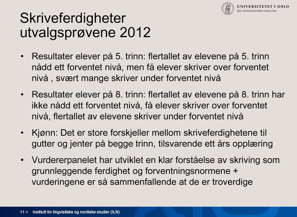 trinn har ikke nådd ett forventet nivå, få elever skriver over forventet nivå, flertallet av elevene skriver under forventet nivå Kjønn: Det er store forskjeller mellom skriveferdighetene