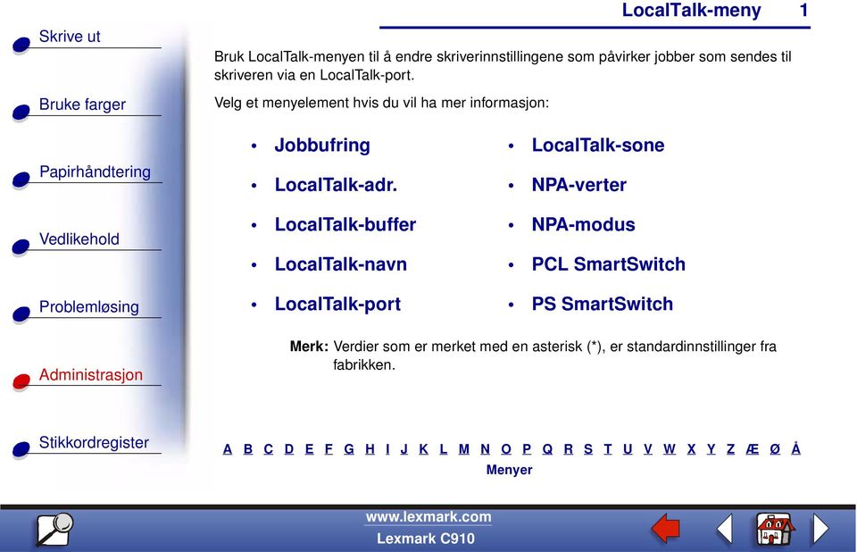 LocalTalk-buffer LocalTalk-navn LocalTalk-port LocalTalk-sone NPA-verter NPA-modus PCL