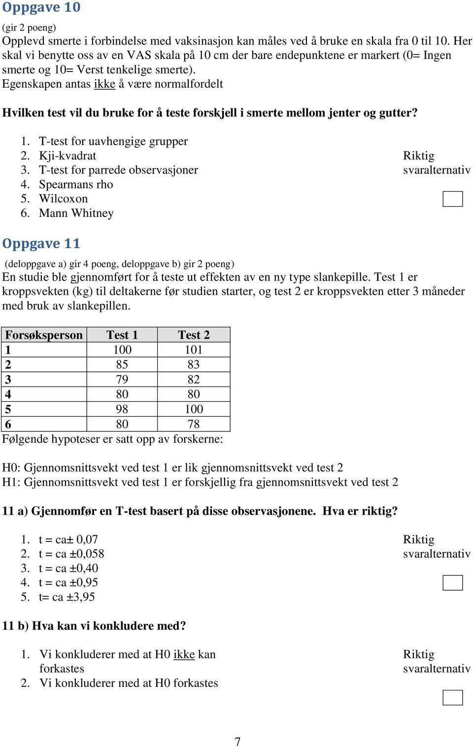 Egenskapen antas ikke å være normalfordelt Hvilken test vil du bruke for å teste forskjell i smerte mellom jenter og gutter? 1. T-test for uavhengige grupper 2. Kji-kvadrat 3.