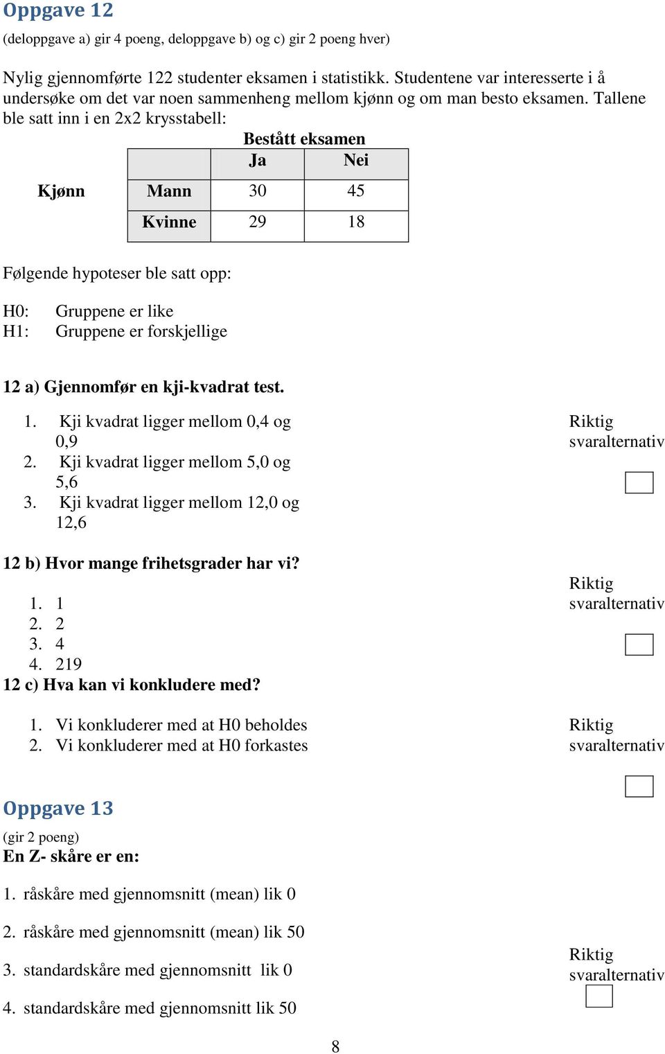 Tallene ble satt inn i en 2x2 krysstabell: Bestått eksamen Ja Nei Kjønn Mann 30 45 Kvinne 29 18 Følgende hypoteser ble satt opp: H0: Gruppene er like H1: Gruppene er forskjellige 12 a) Gjennomfør en