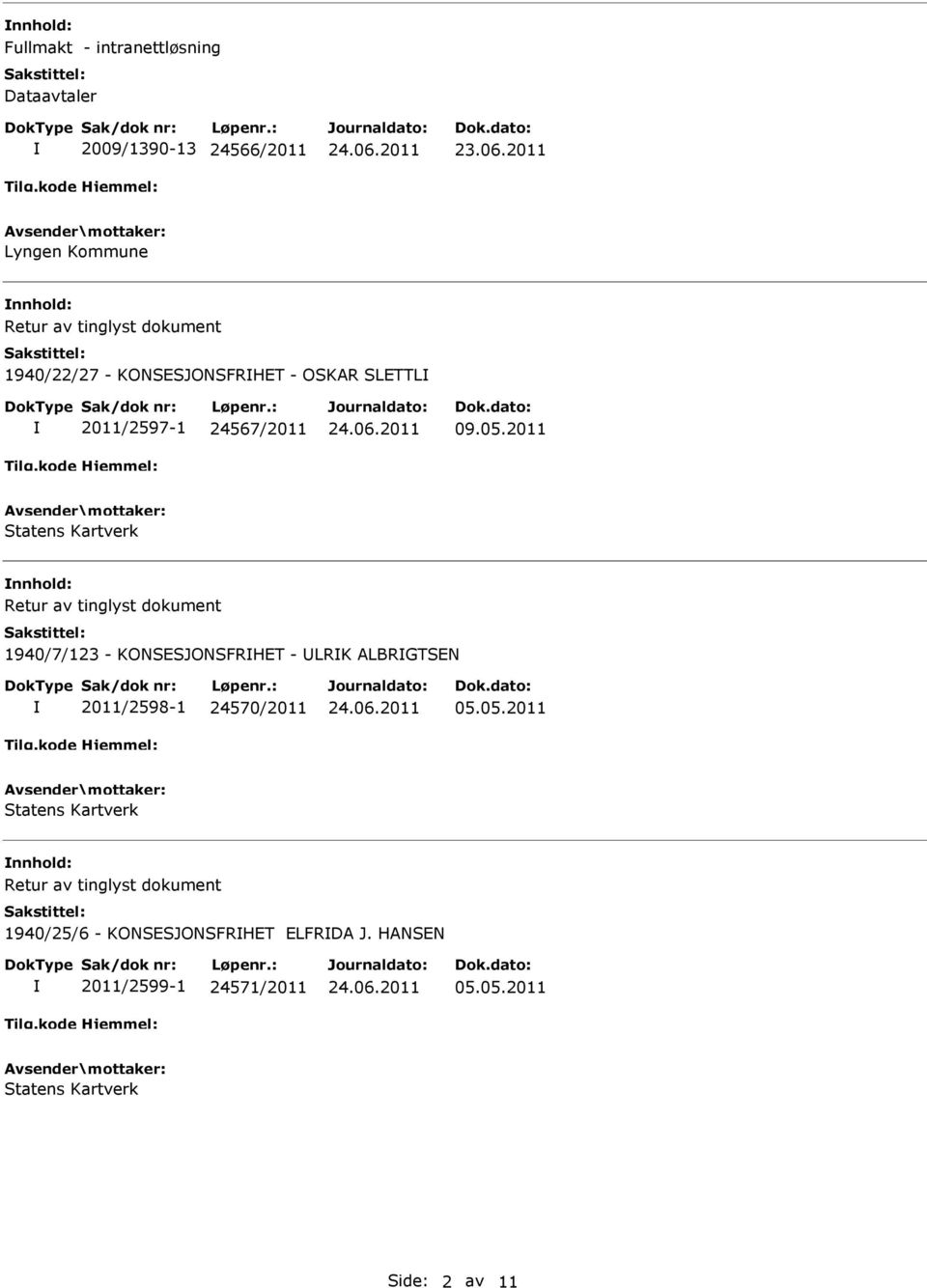 2011 nnhold: 1940/7/123 - KONSESJONSFRHET - LRK ALBRGTSEN 2011/2598-1 24570/2011 05.