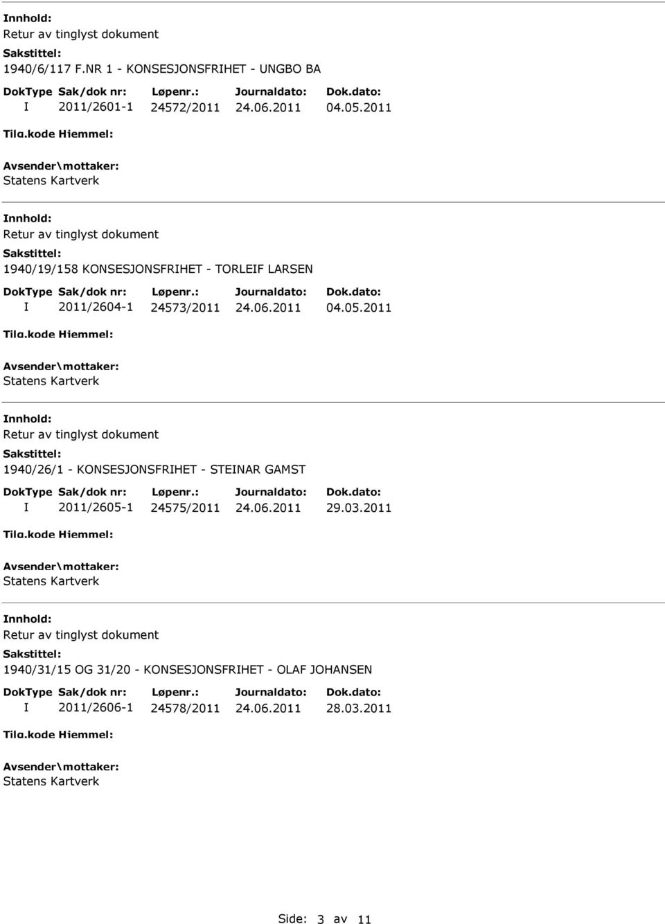 2011 nnhold: 1940/26/1 - KONSESJONSFRHET - STENAR GAMST 2011/2605-1 24575/2011 29.03.