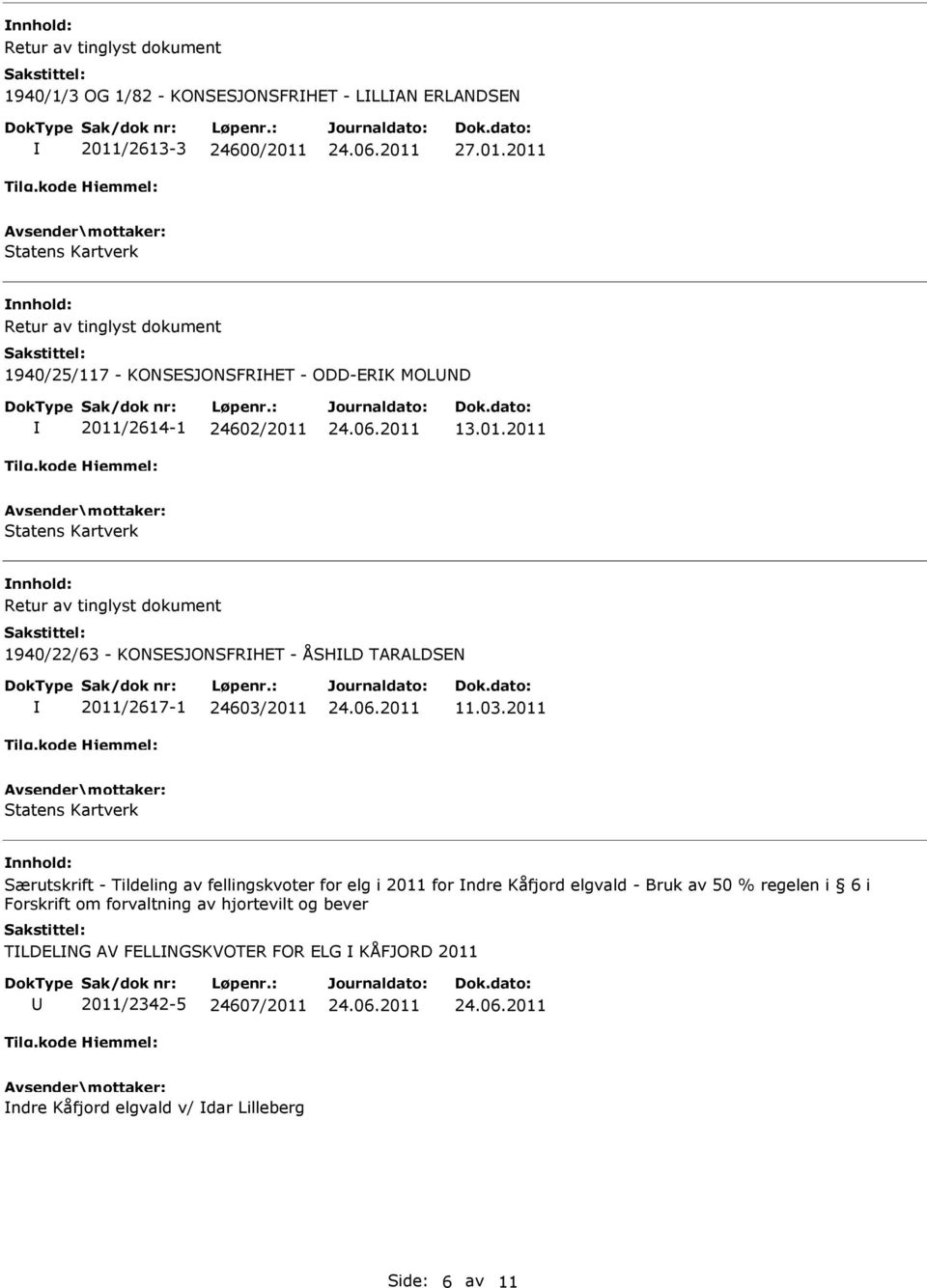 03.2011 nnhold: Særutskrift - Tildeling av fellingskvoter for elg i 2011 for ndre Kåfjord elgvald - Bruk av 50 % regelen i 6 i Forskrift om