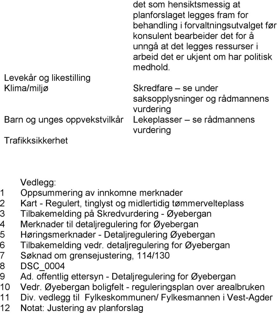 Skredfare se under saksopplysninger og rådmannens vurdering Lekeplasser se rådmannens vurdering Vedlegg: 1 Oppsummering av innkomne merknader 2 Kart - Regulert, tinglyst og midlertidig