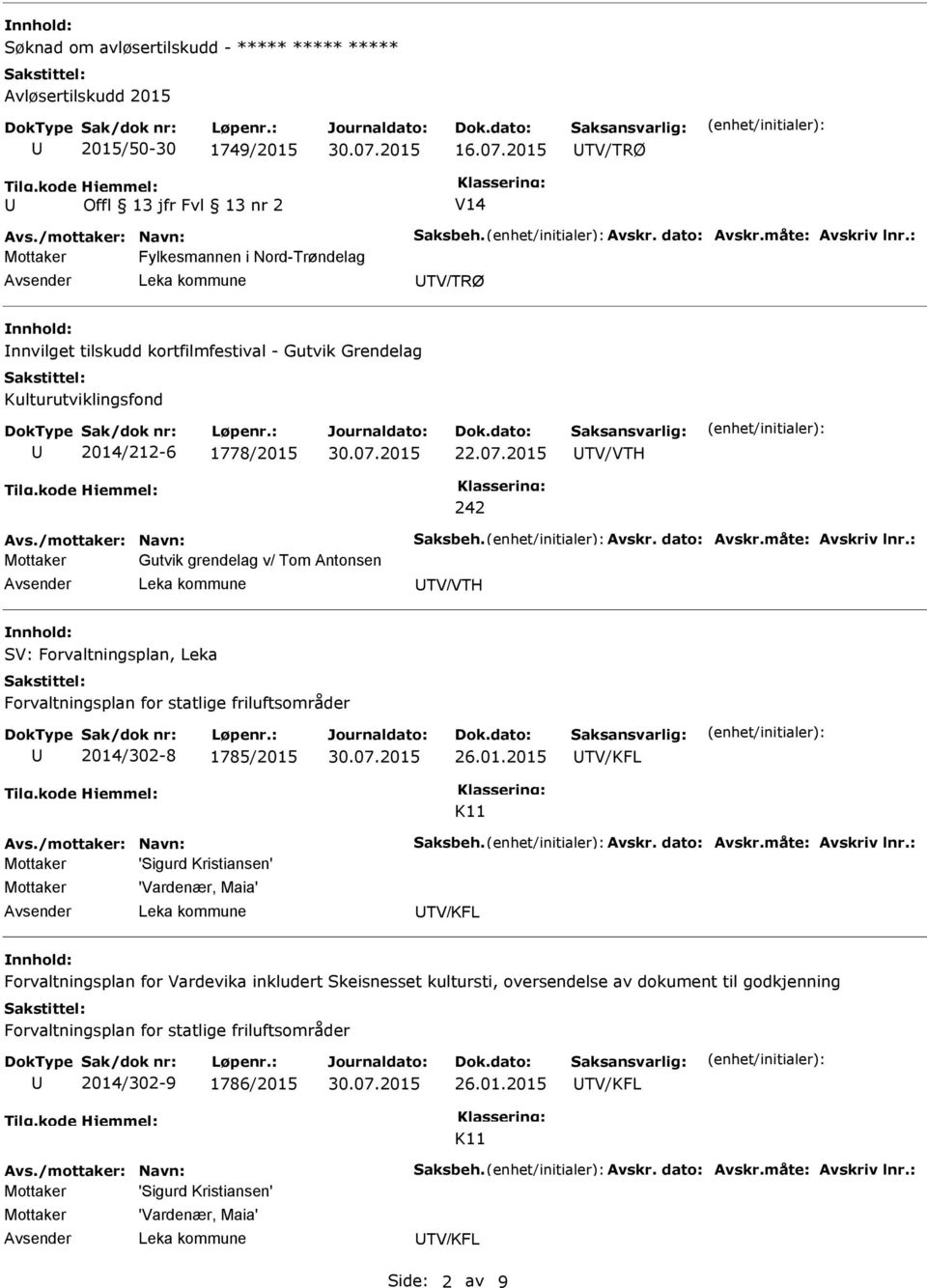 2015 TV/VTH 242 Mottaker Gutvik grendelag v/ Tom Antonsen TV/VTH SV: Forvaltningsplan, Leka Forvaltningsplan for statlige friluftsområder 2014/302-8 1785/2015 26.01.2015 TV/KFL K11 Mottaker 'Sigurd