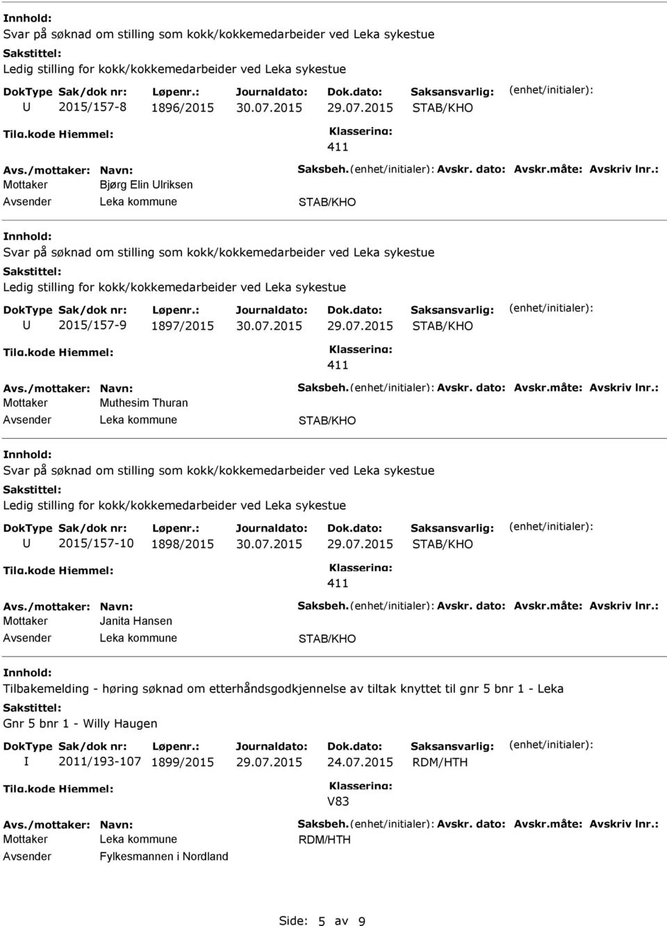 kokk/kokkemedarbeider ved Leka sykestue 2015/157-10 1898/2015 Mottaker Janita Hansen Tilbakemelding - høring søknad om