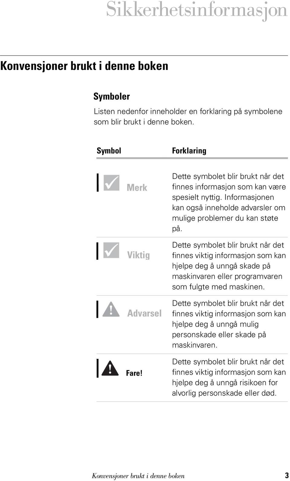 Dette symbolet blir brukt når det finnes viktig informasjon som kan hjelpe deg å unngå skade på maskinvaren eller programvaren som fulgte med maskinen.