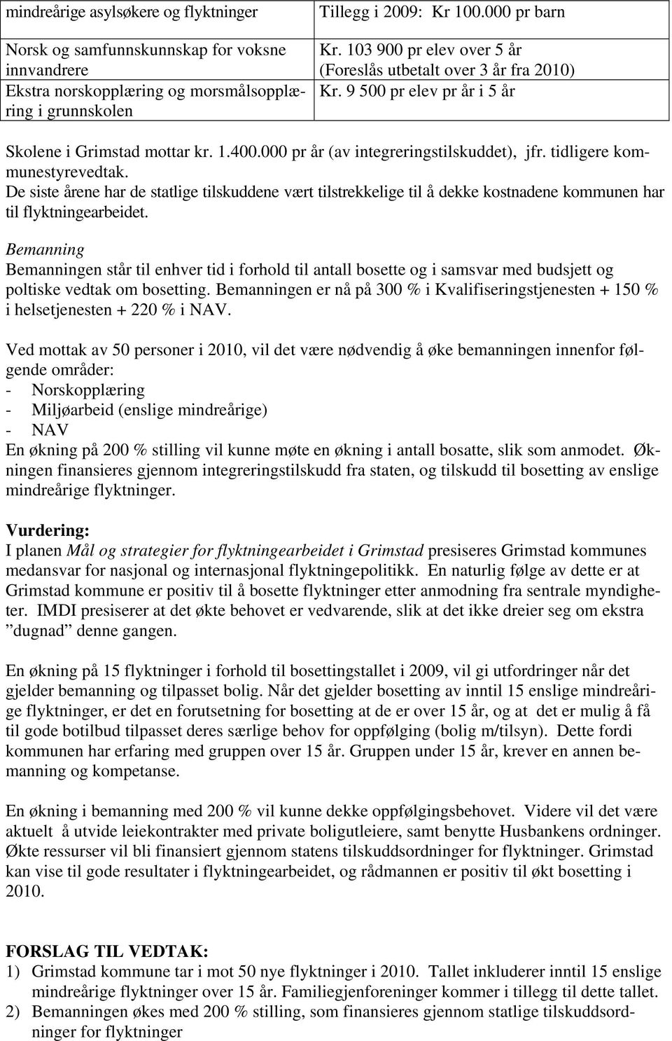 tidligere kommunestyrevedtak. De siste årene har de statlige tilskuddene vært tilstrekkelige til å dekke kostnadene kommunen har til flyktningearbeidet.