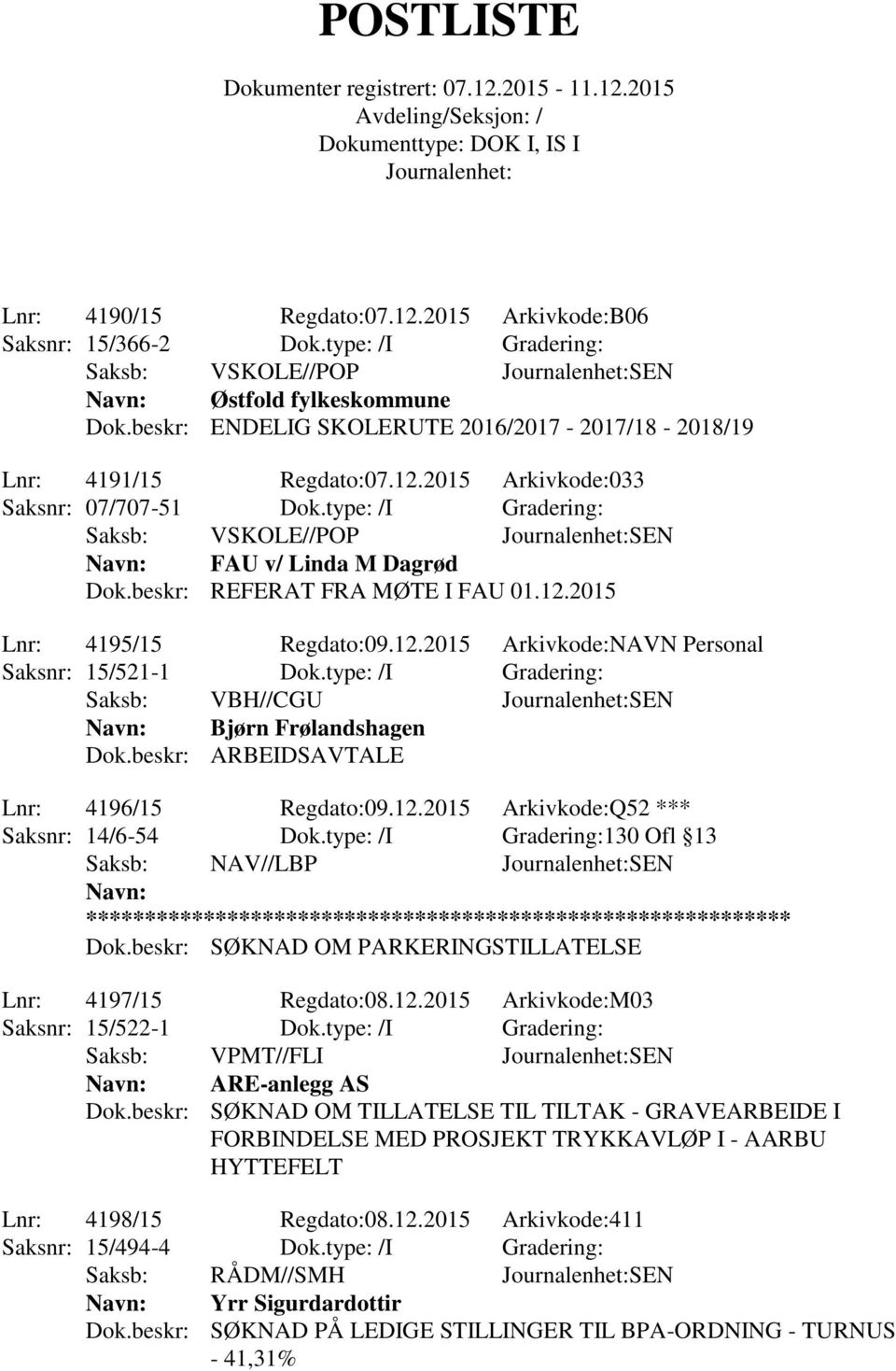 beskr: REFERAT FRA MØTE I FAU 01.12.2015 Lnr: 4195/15 Regdato:09.12.2015 Arkivkode:NAVN Personal Saksnr: 15/521-1 Dok.type: /I Gradering: Saksb: VBH//CGU SEN Bjørn Frølandshagen Dok.