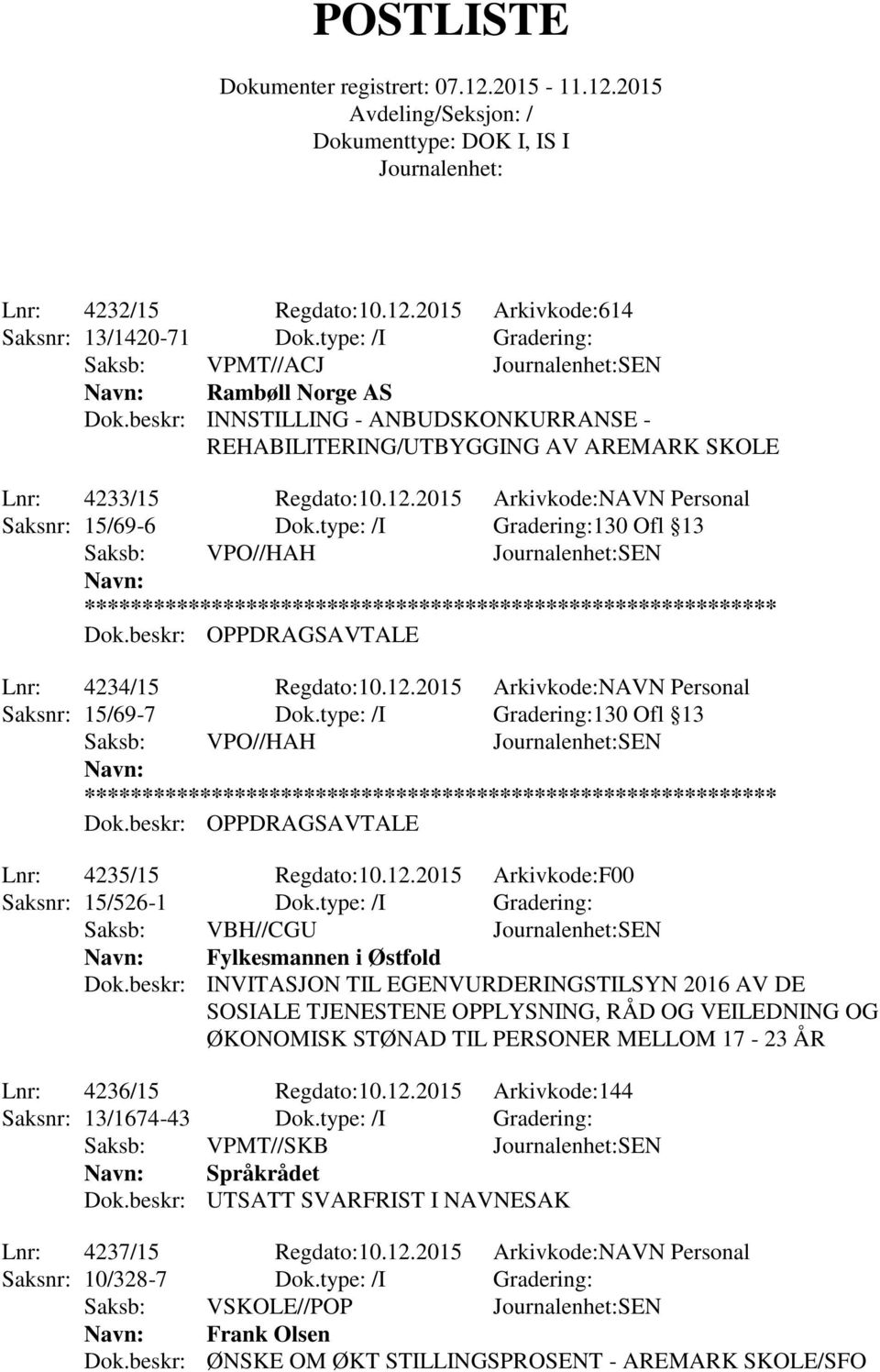 type: /I Gradering:130 Ofl 13 Saksb: VPO//HAH SEN Dok.beskr: OPPDRAGSAVTALE Lnr: 4234/15 Regdato:10.12.2015 Arkivkode:NAVN Personal Saksnr: 15/69-7 Dok.