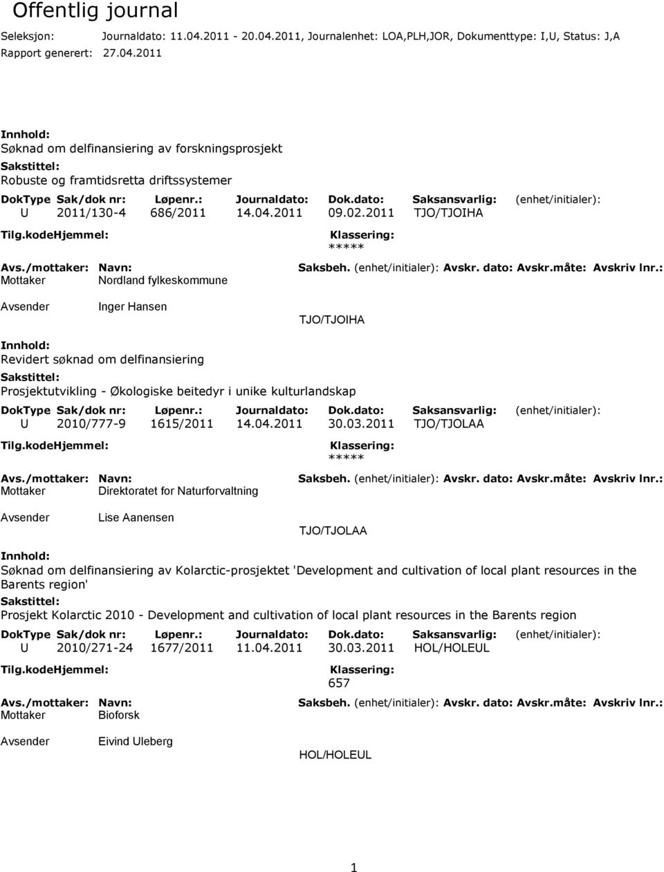 2011 TJO/TJOIHA Mottaker Nordland fylkeskommune Inger Hansen TJO/TJOIHA Revidert søknad om delfinansiering Prosjektutvikling - Økologiske beitedyr i unike kulturlandskap U 2010/777-9 1615/2011 14.04.