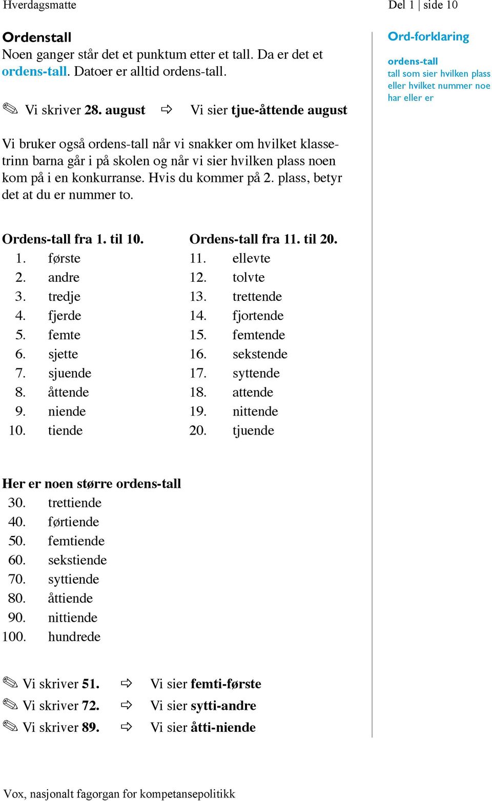 barna går i på skolen og når vi sier hvilken plass noen kom på i en konkurranse. Hvis du kommer på 2. plass, betyr det at du er nummer to. Ordens-tall fra 1. til 10. Ordens-tall fra 11. til 20. 1. første 11.